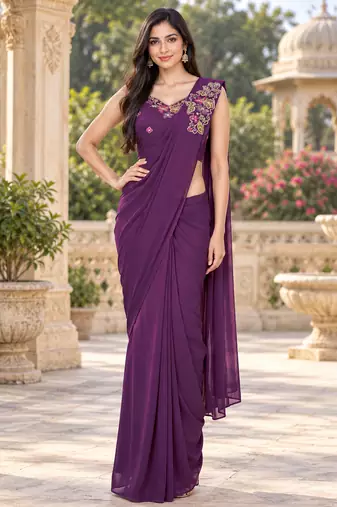 Women   s Georgette Floral Sequence With Embroidery Patch Ready to Wear Saree with Stitched Designer Sleeveless Blouse 