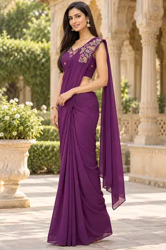 Women   s Georgette Floral Sequence With Embroidery Patch Ready to Wear Saree with Stitched Designer Sleeveless Blouse 