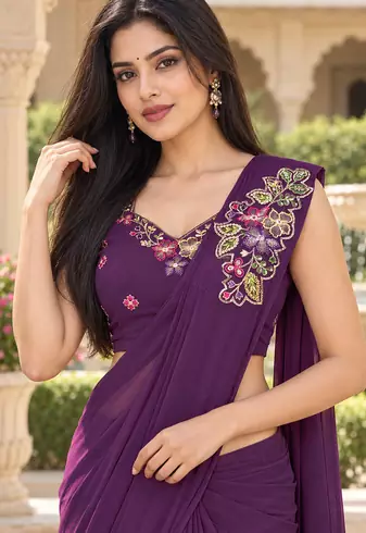 Women   s Georgette Floral Sequence With Embroidery Patch Ready to Wear Saree with Stitched Designer Sleeveless Blouse 