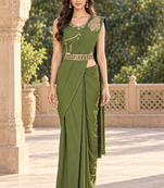Women   s Georgette Patch work Ready to Wear Saree with Embroidered Stitched Blouse & Designer Waist Belt