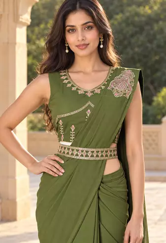 Women   s Georgette Patch work Ready to Wear Saree with Embroidered Stitched Blouse & Designer Waist Belt