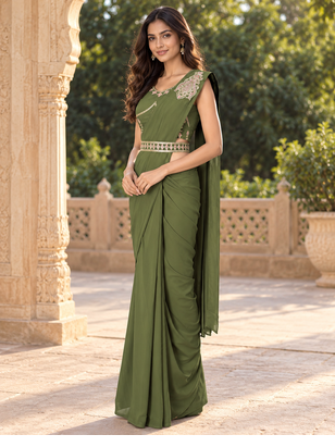 Women   s Georgette Patch work Ready to Wear Saree with Embroidered Stitched Blouse & Designer Waist Belt 3