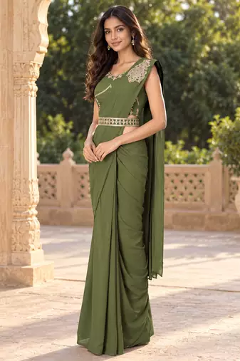 Women   s Georgette Patch work Ready to Wear Saree with Embroidered Stitched Blouse & Designer Waist Belt