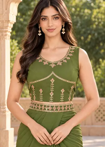 Women   s Georgette Patch work Ready to Wear Saree with Embroidered Stitched Blouse & Designer Waist Belt