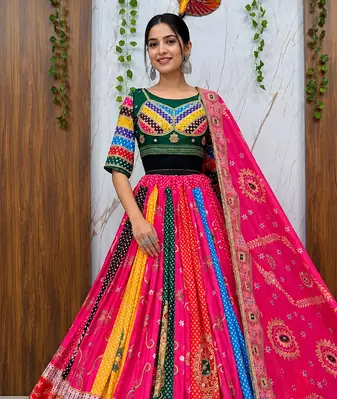 Muslin Cotton Lehenga Choli Set With Digital Print And Mirror Work