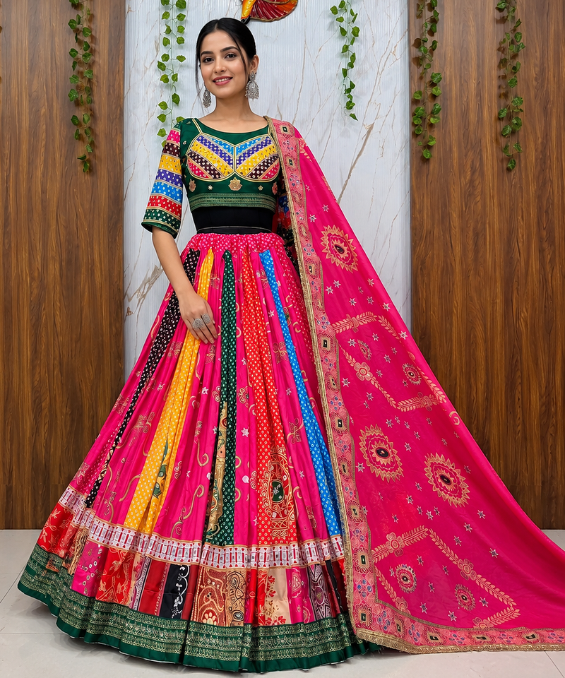 Muslin Cotton Lehenga Choli Set With Digital Print And Mirror Work