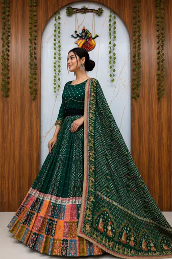 Muslin Cotton Lehenga Choli Set With Mirror Work And Fringe Lace