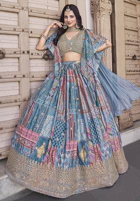 Sky blue Chinon Silk Digital Print Readymade Lehenga Choli Set with Zari Embroidery 1