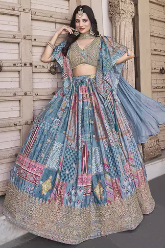 Sky blue Chinon Silk Digital Print Readymade Lehenga Choli Set with Zari Embroidery