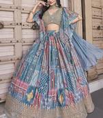 Sky blue Chinon Silk Digital Print Readymade Lehenga Choli Set with Zari Embroidery