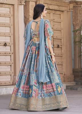 Sky blue Chinon Silk Digital Print Readymade Lehenga Choli Set with Zari Embroidery 2