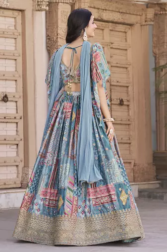 Sky blue Chinon Silk Digital Print Readymade Lehenga Choli Set with Zari Embroidery
