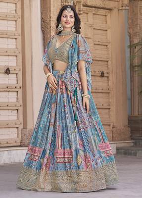 Sky blue Chinon Silk Digital Print Readymade Lehenga Choli Set with Zari Embroidery 3
