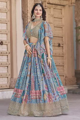 Sky blue Chinon Silk Digital Print Readymade Lehenga Choli Set with Zari Embroidery