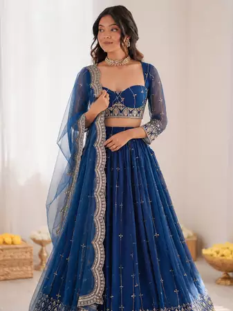 Royal Blue Net Thread Sequin Lehenga Choli Set