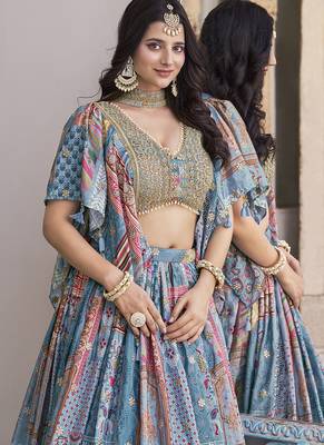 Sky blue Chinon Silk Digital Print Readymade Lehenga Choli Set with Zari Embroidery 4