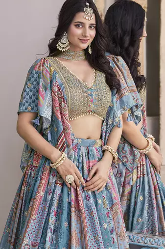 Sky blue Chinon Silk Digital Print Readymade Lehenga Choli Set with Zari Embroidery