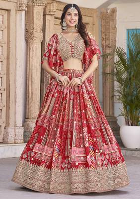 Red Faux Chinon Silk Digital Print Readymade Lehenga Choli Set with Zari Embroidery 1