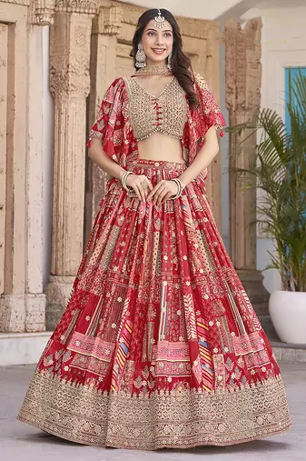 Red Faux Chinon Silk Digital Print Readymade Lehenga Choli Set with Zari Embroidery