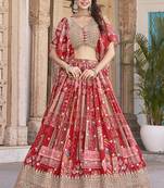 Red Faux Chinon Silk Digital Print Readymade Lehenga Choli Set with Zari Embroidery