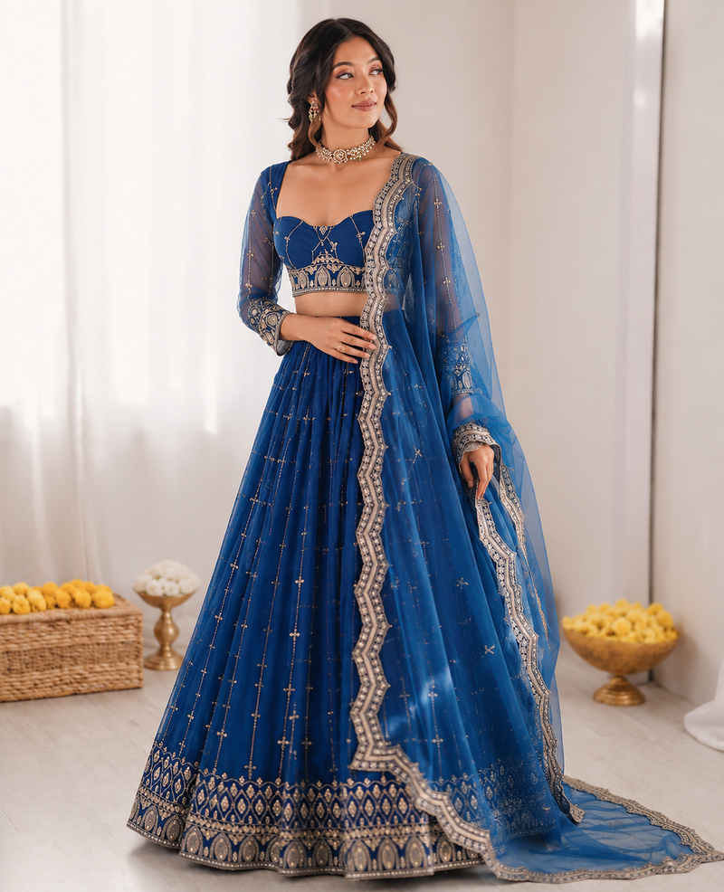 Royal Blue Net Thread Sequin Lehenga Choli Set