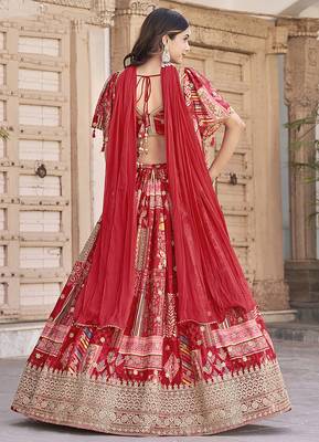 Red Faux Chinon Silk Digital Print Readymade Lehenga Choli Set with Zari Embroidery 2