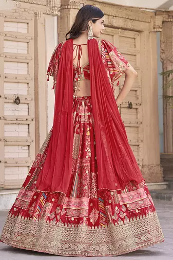 Red Faux Chinon Silk Digital Print Readymade Lehenga Choli Set with Zari Embroidery