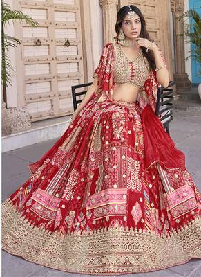 Red Faux Chinon Silk Digital Print Readymade Lehenga Choli Set with Zari Embroidery 3