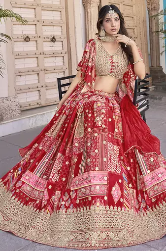 Red Faux Chinon Silk Digital Print Readymade Lehenga Choli Set with Zari Embroidery