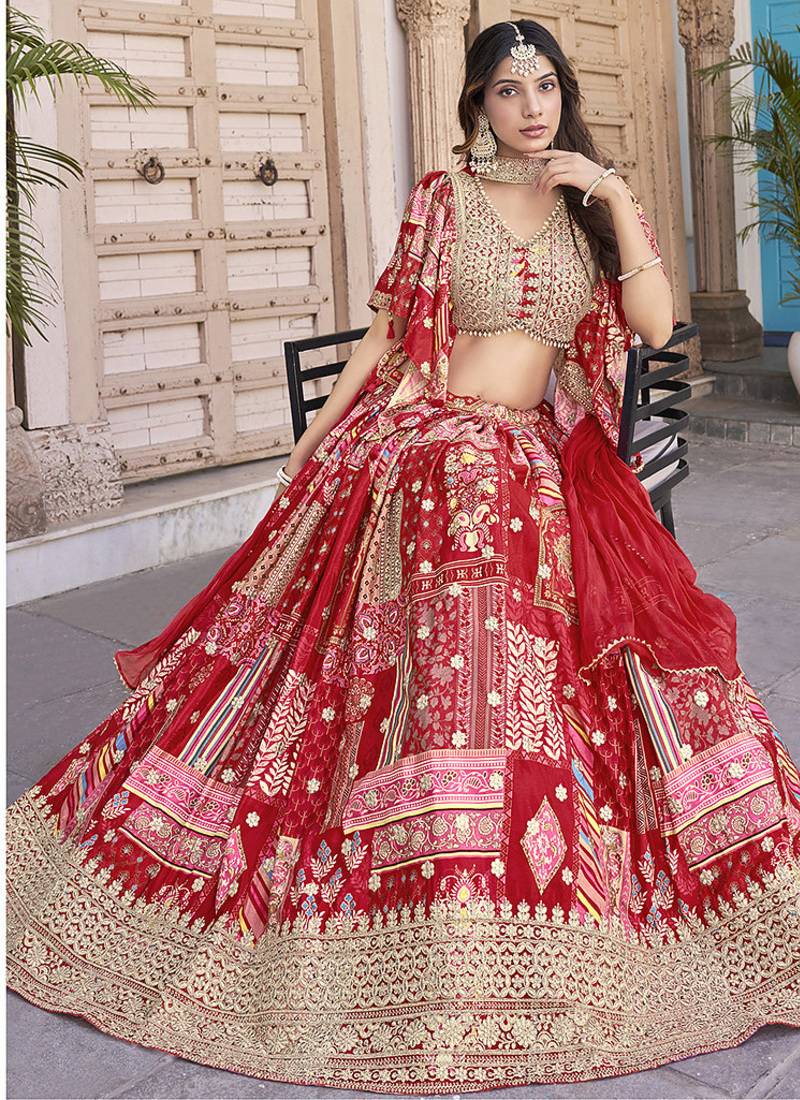 Red Faux Chinon Silk Digital Print Readymade Lehenga Choli Set with Zari Embroidery