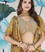 Mustard Yellow Chinon Silk Digital Print Readymade Lehenga Choli Set with Zari Embroidery