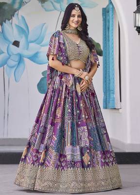 Purple Faux Chinon Silk Digital Print Readymade Lehenga Choli Set with Zari Embroidery 1