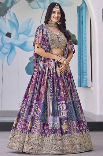 Purple Faux Chinon Silk Digital Print Readymade Lehenga Choli Set with Zari Embroidery