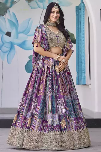 Purple Faux Chinon Silk Digital Print Readymade Lehenga Choli Set with Zari Embroidery