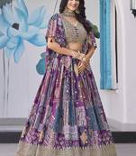Purple Faux Chinon Silk Digital Print Readymade Lehenga Choli Set with Zari Embroidery