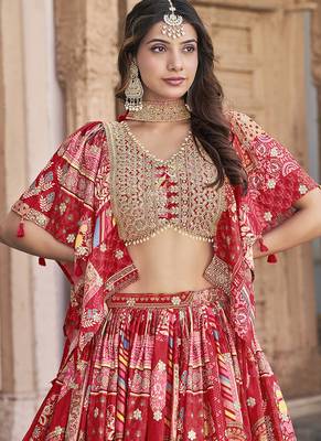 Red Faux Chinon Silk Digital Print Readymade Lehenga Choli Set with Zari Embroidery 4