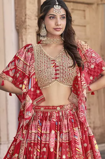 Red Faux Chinon Silk Digital Print Readymade Lehenga Choli Set with Zari Embroidery