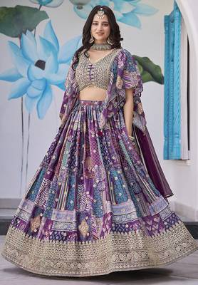 Purple Faux Chinon Silk Digital Print Readymade Lehenga Choli Set with Zari Embroidery 2
