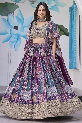 Purple Faux Chinon Silk Digital Print Readymade Lehenga Choli Set with Zari Embroidery