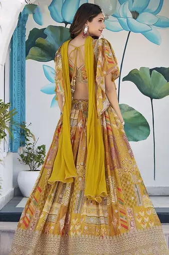Mustard Yellow Chinon Silk Digital Print Readymade Lehenga Choli Set with Zari Embroidery