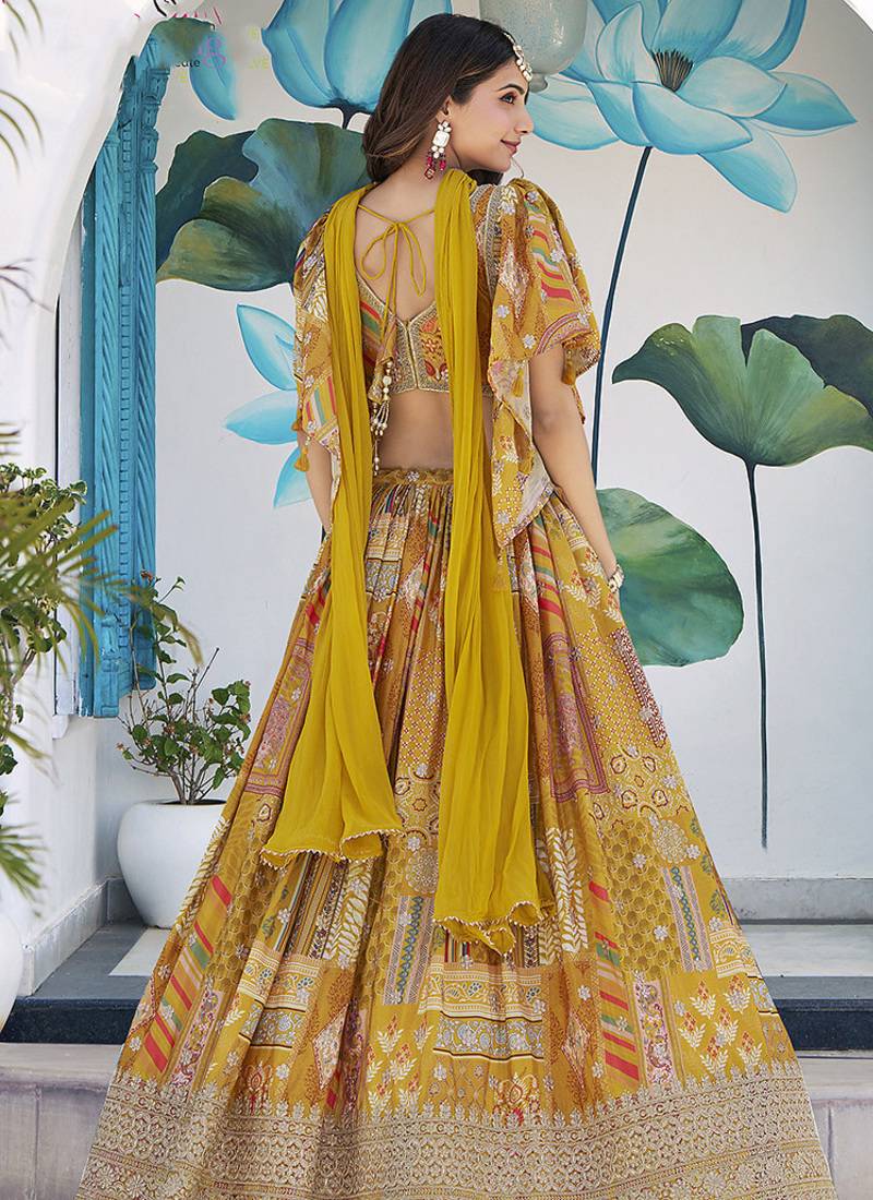 Mustard Yellow Chinon Silk Digital Print Readymade Lehenga Choli Set with Zari Embroidery