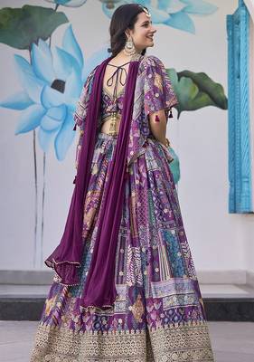 Purple Faux Chinon Silk Digital Print Readymade Lehenga Choli Set with Zari Embroidery 3