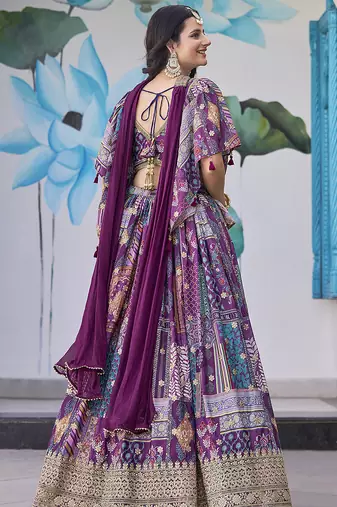 Purple Faux Chinon Silk Digital Print Readymade Lehenga Choli Set with Zari Embroidery