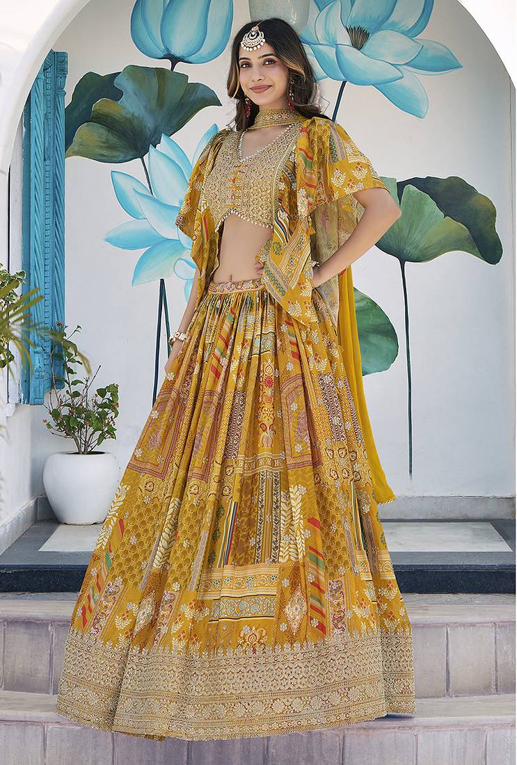 Mustard Yellow Chinon Silk Digital Print Readymade Lehenga Choli Set with Zari Embroidery