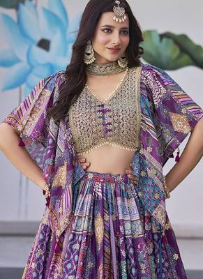 Purple Faux Chinon Silk Digital Print Readymade Lehenga Choli Set with Zari Embroidery 4