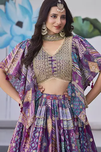Purple Faux Chinon Silk Digital Print Readymade Lehenga Choli Set with Zari Embroidery
