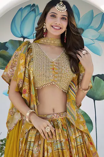 Mustard Yellow Chinon Silk Digital Print Readymade Lehenga Choli Set with Zari Embroidery