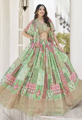 Light green Faux Chinon Silk Digital Print Readymade Lehenga Choli Set with Zari Embroidery 1