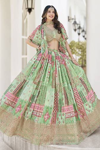 Light green Faux Chinon Silk Digital Print Readymade Lehenga Choli Set with Zari Embroidery