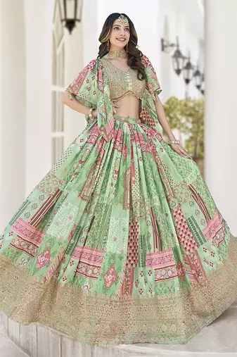 Light green Faux Chinon Silk Digital Print Readymade Lehenga Choli Set with Zari Embroidery